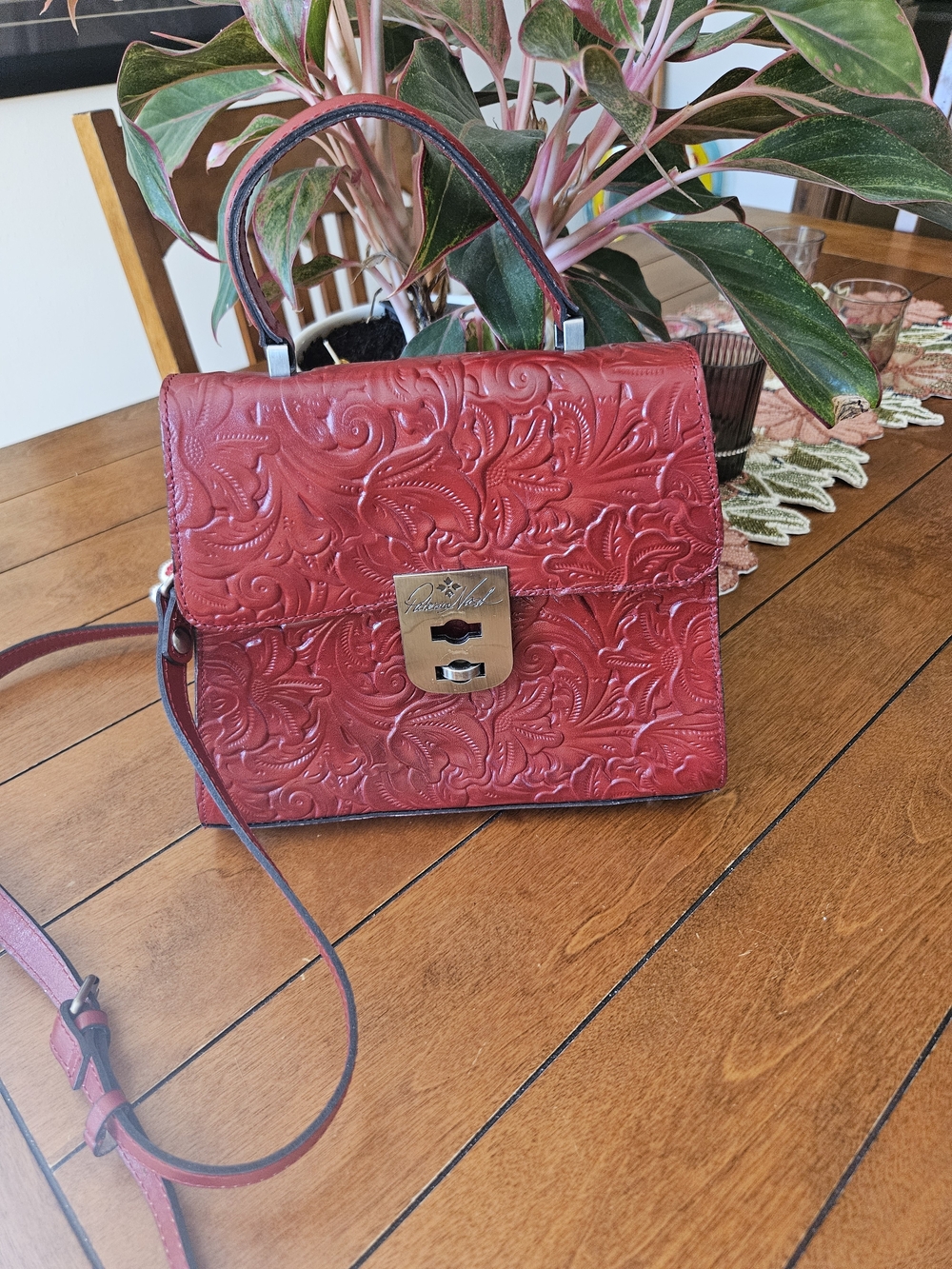 Patricia Nash Chauny Red Tooled Leather Satchel with Top Handle
